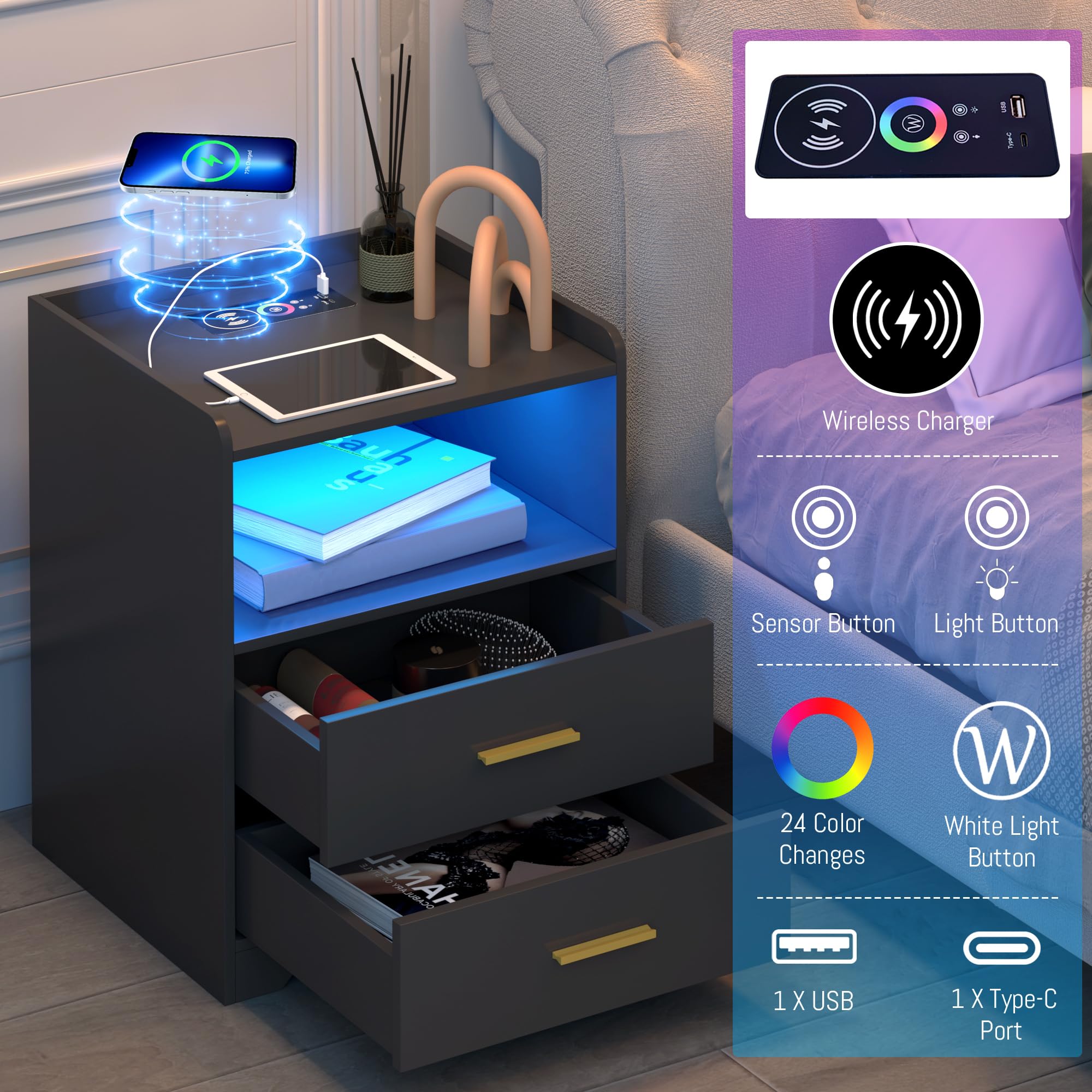 Black LED Nightstand with Charging Station, Night Stands with 24-color RGB LED Lights