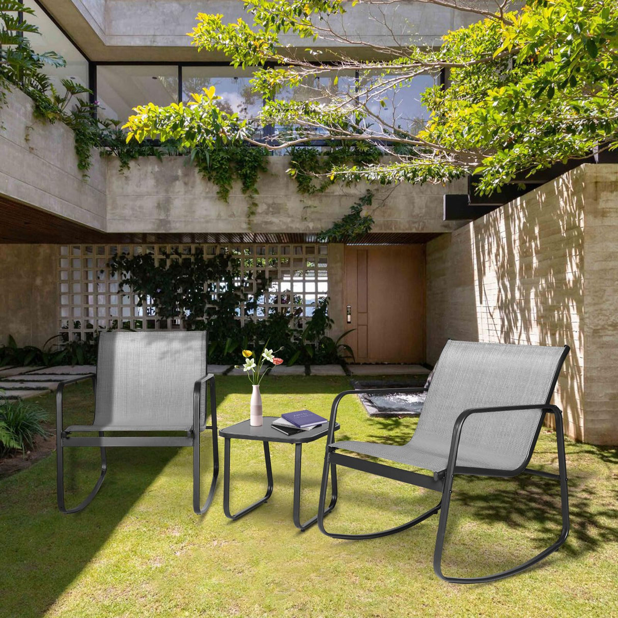 3-Piece Outdoor Rocking Bistro Set with Glass Top Table