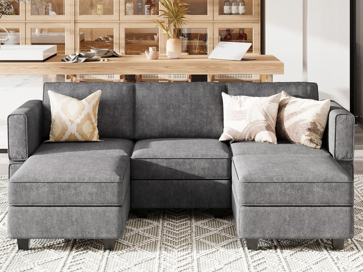 Belffin Modular Sectional Sofa Fabric U Shaped Couch Double Chaise Sectional Couch Convertible Ottoman Sofa with Storage Dark Grey