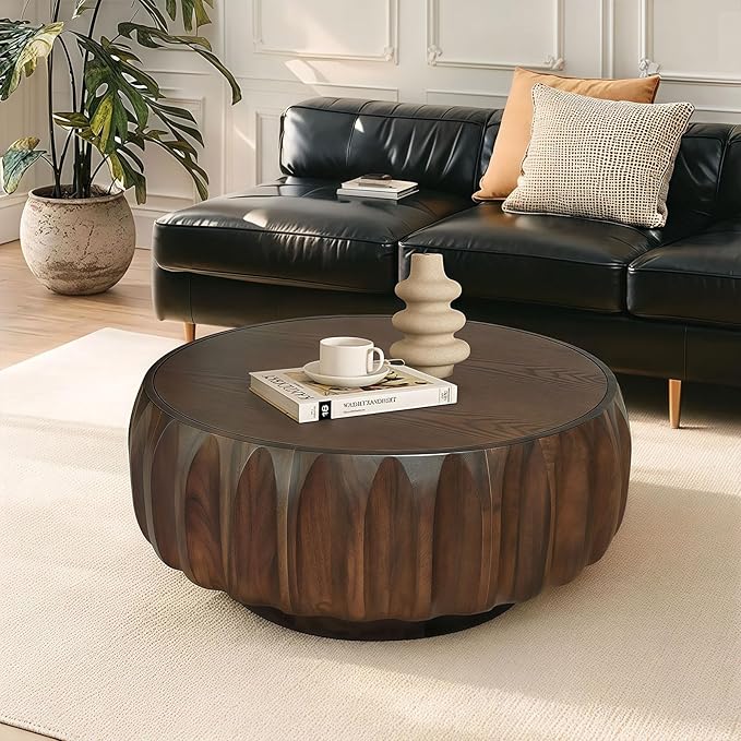 31.5" Round Coffee Tables for Living Room, Traditional Handcraft Drum Coffee Table