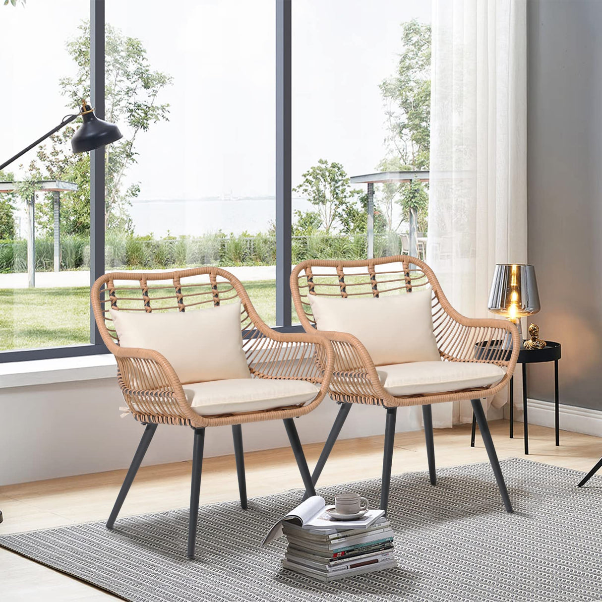 Set of 2 Patio Dining Chairs, Outdoor Wicker Seating Set with Soft Cushion