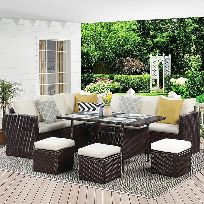 Patio Furniture Set - 7 Piece Wicker Rattan Outdoor Dining Set with Table