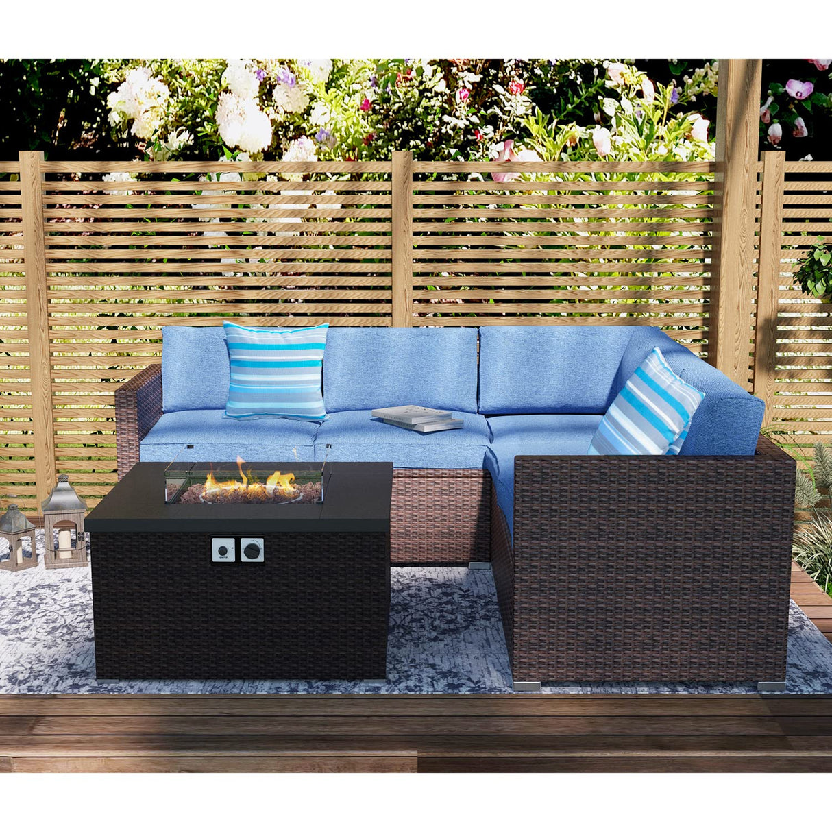 Patio Furniture Sectional Sofa w Fire Pit Table,6 Pieces Outdoor Furniture Set w 32-inch 40
