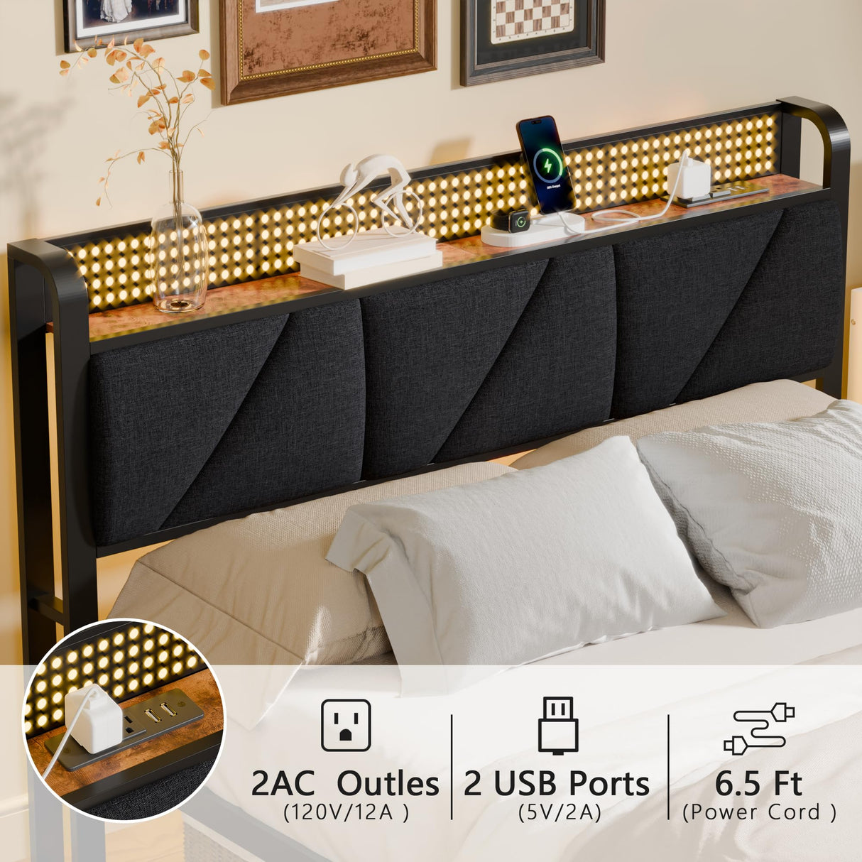 Queen Size Upholstered Bed Frame with LED Lights and Charging Station