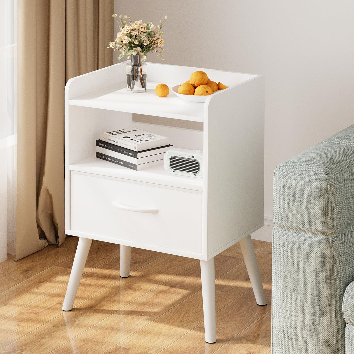 White Nightstand with Open Shelf,Small Night Stand