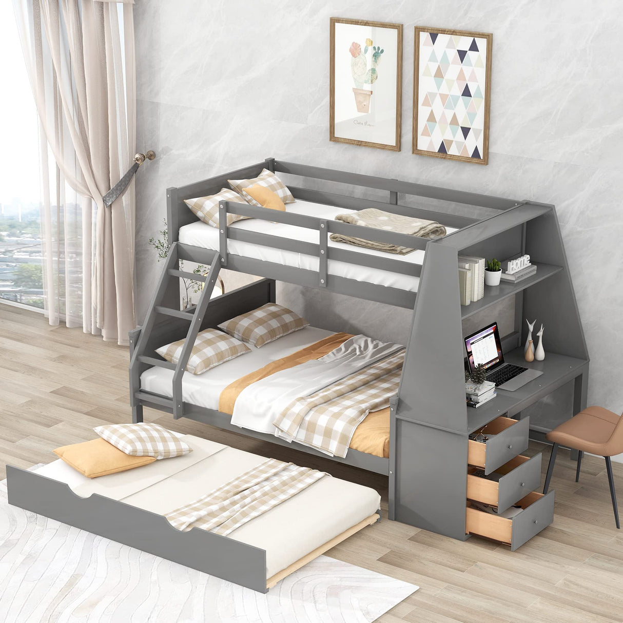 Twin Over Full Bunk Bed with Trundle and Built-in Desk