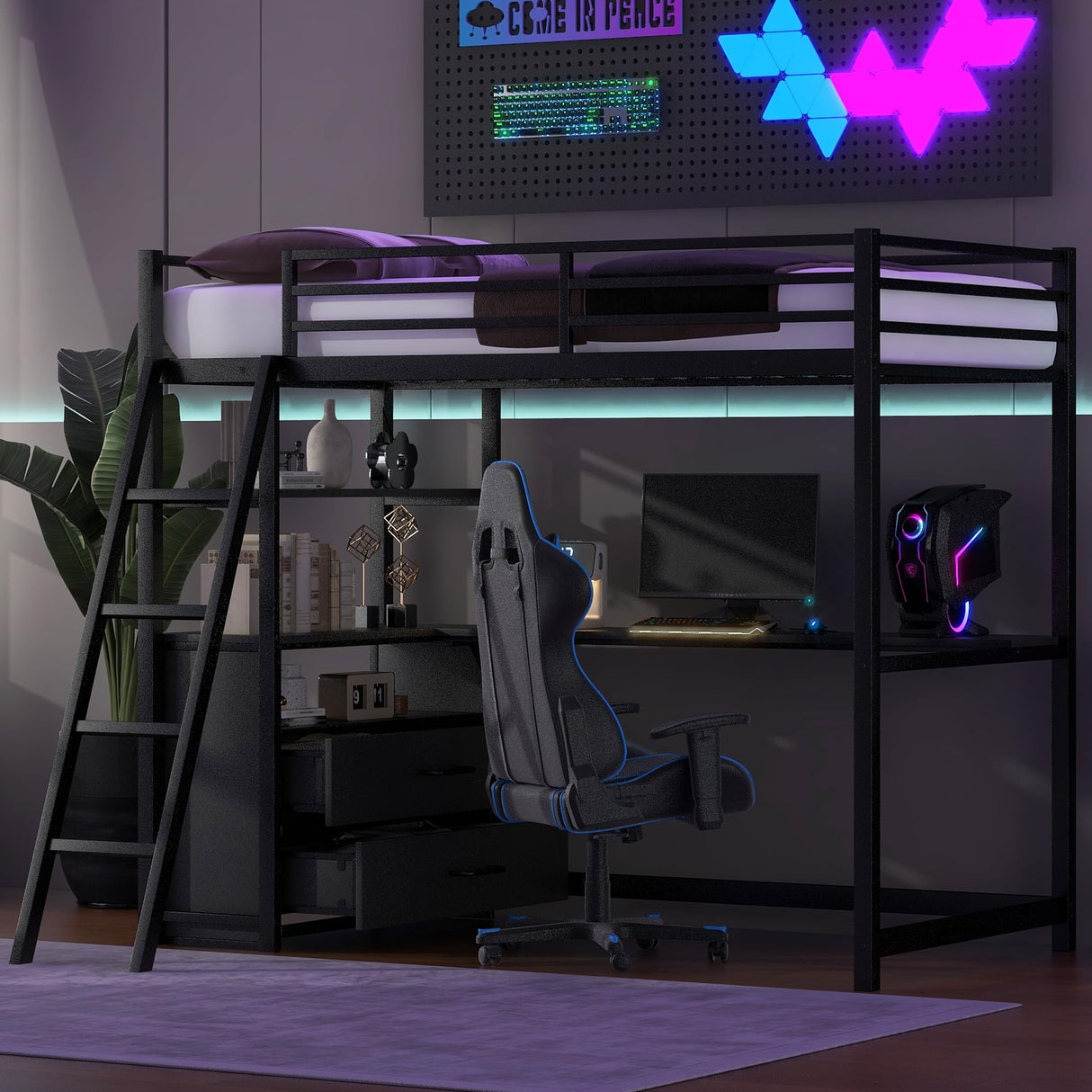Kid’s Twin Metal Loft Bed with Desk and Cabinet Loft Bed