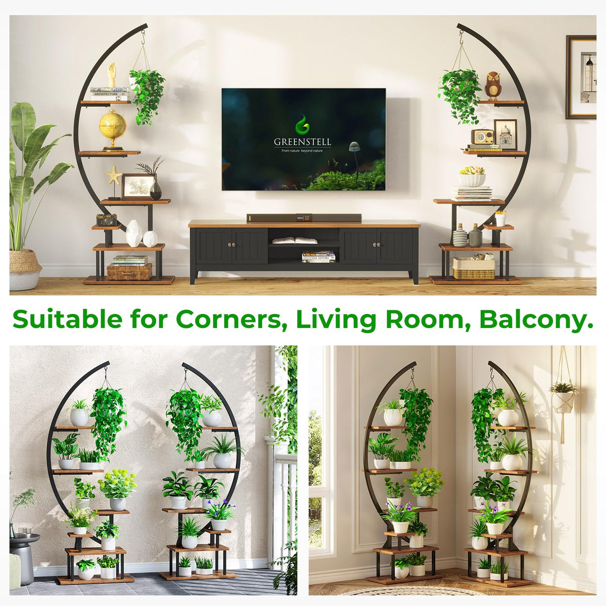 GREENSTELL Plant Stand with Grow Lights, Half Moon 7 Tiered Metal Plant Shelf, Multiple Tier Curved Ladder Flower Pot Stand Display Rack for Indoor Living Room Patio Garden Balcony Black (2 Pack)