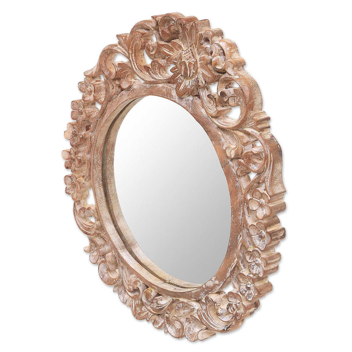 Hand Carved Natural Suar Wood Floral Round Wall Mirror from Indonesia, Brown