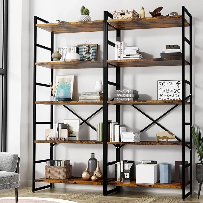 2 Pieces 5 Tiers Bookshelf, Classically Tall Bookcase Shelf, Industrial Book Rack