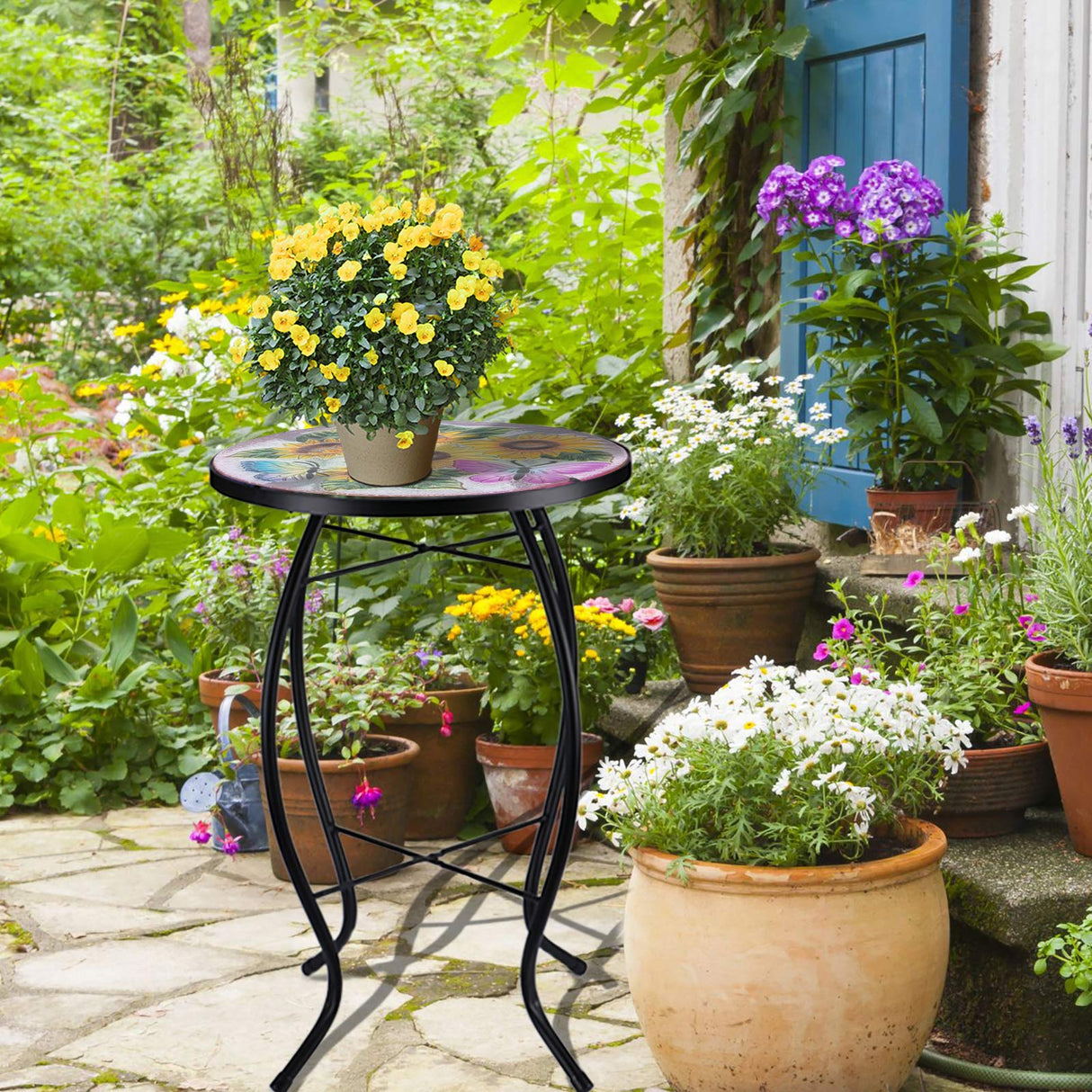 VCUTEKA Patio Side Table Plant Stands Outdoor Accent Table Small Mosaic Table Glass Top Round Balcony Coffee Table Sunflower - Bircata