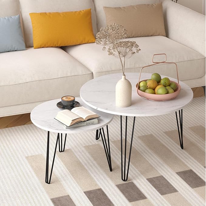 Round Nesting Coffee Table Set of 2, 27.6 inch White Marble Pattern Wooden Table Top