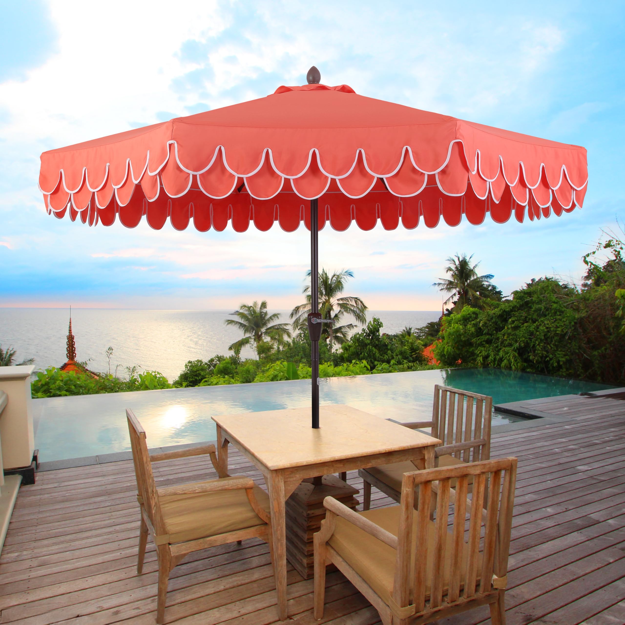 UMB1002A Tracy 9 ft. Classic MidCentury Scalloped Fringe Market Patio Umbrella