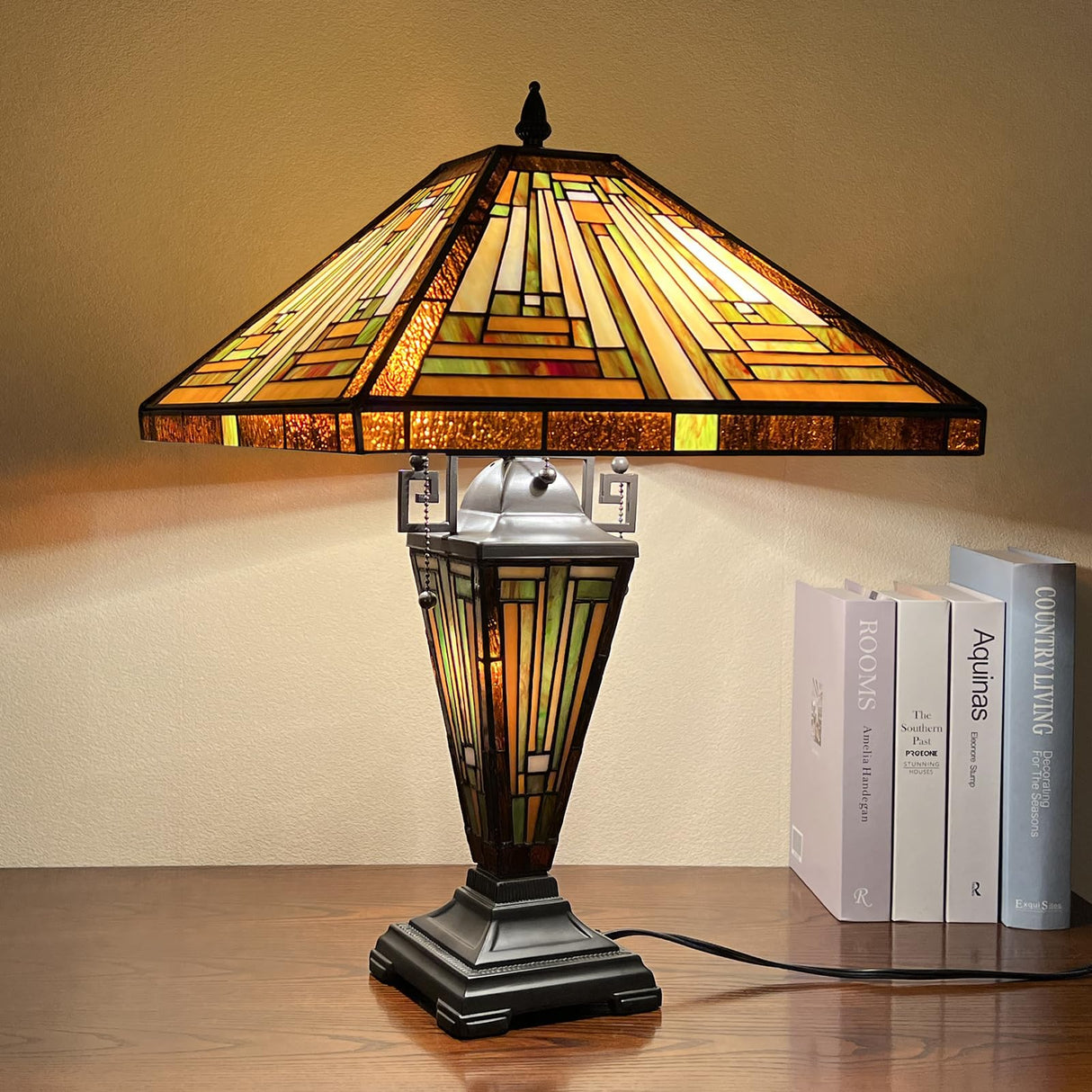 Capulina Tiffany Lamp Stained Glass Table Lamp 3-Light 16X16X24 Inches Mother-Daughter Vase Amber Brown Mission Tiffany Style Desk Reading Lamp for Living Room Bedroom Study Home Office