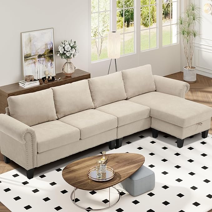 Oueeedd 4-Seater Convertible L-Shaped Sectional Sofa with Storage Ottoman