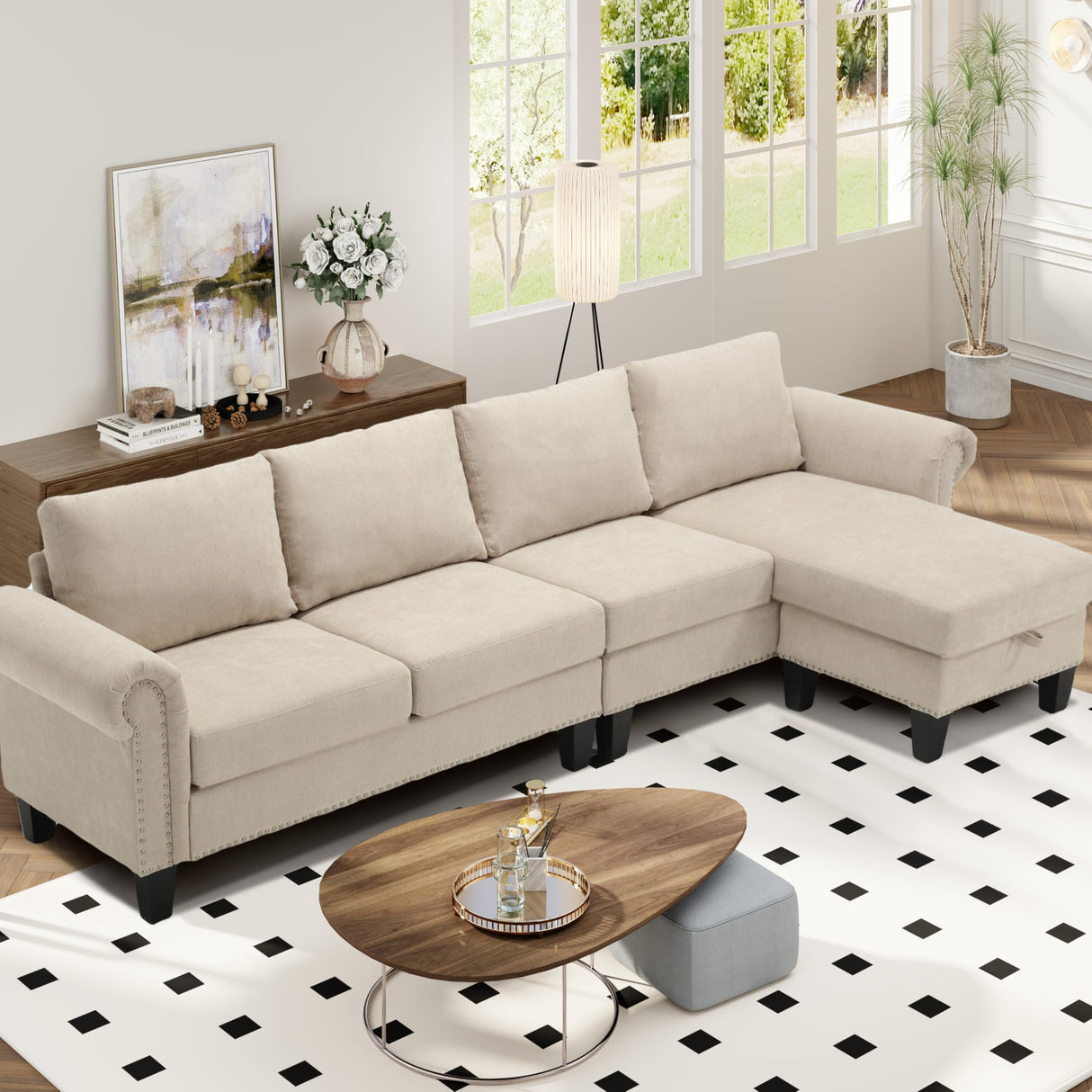 Oueeedd 4-Seater Convertible L-Shaped Sectional Sofa with Storage Ottoman