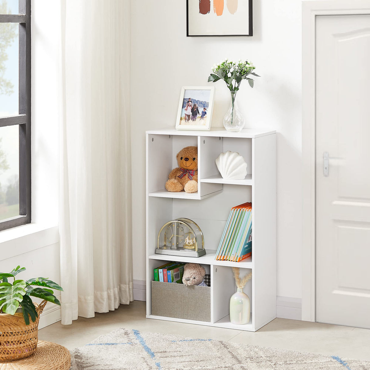 Small White Bookshelf, 5 Cube Shelf, Fits Tallest Hardcovers, Horizontal Available, Storage Organzier for Home Office, Pearl White