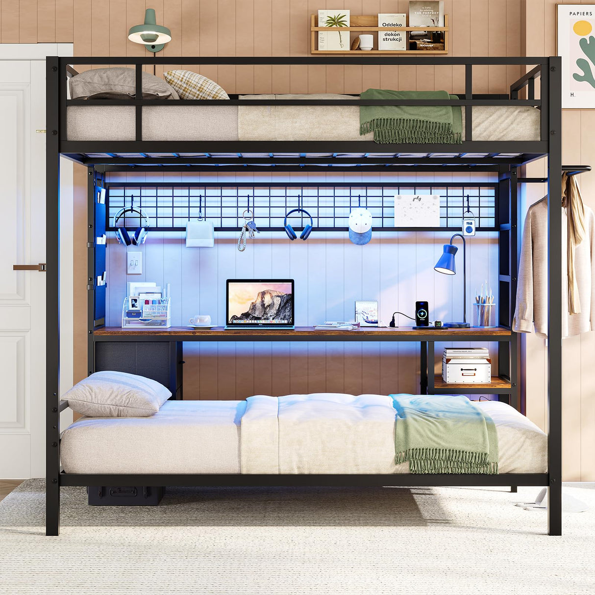 Twin Bunk Bed with Desk and Charging Station Metal Full Size Over Twin Loft Bed with Led Lights & Storage