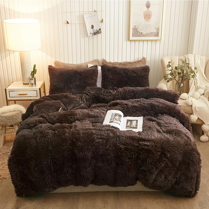 Plush Shaggy Duvet Cover Set, Luxury Ultra Soft Crystal Velvet Fluffy Bedding Sets 3 Pieces