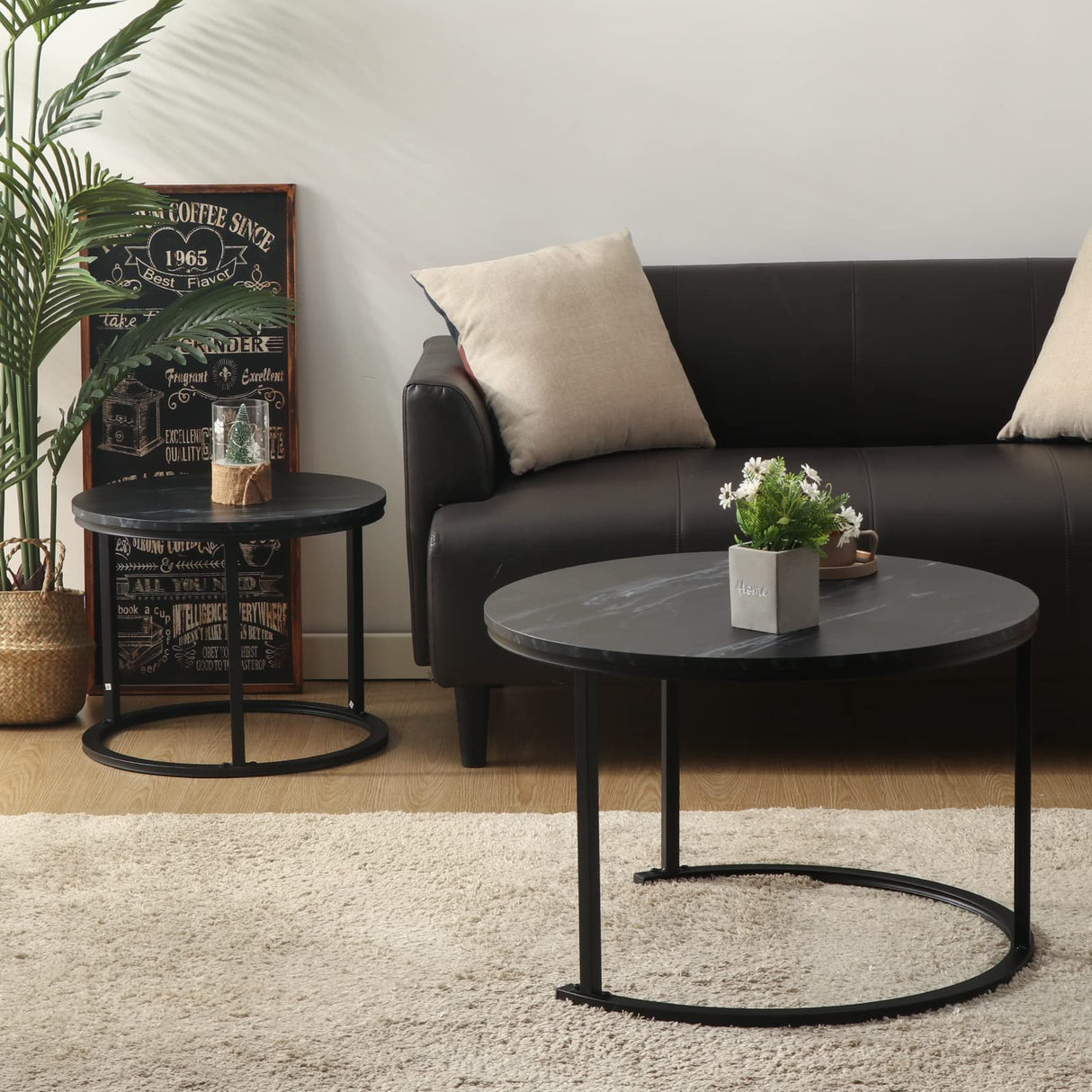 Round Nesting Coffee Table 27" Wood and Metal Stacking Coffee Tables