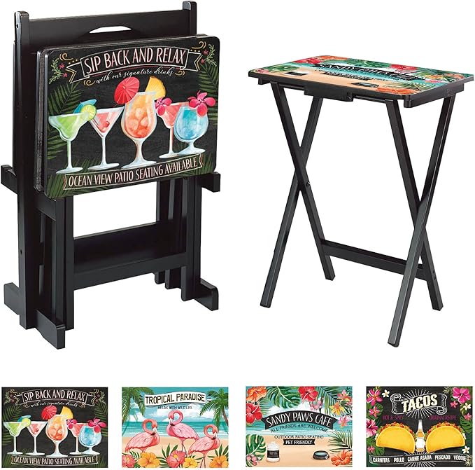 Tuscan Label Vintage TV Tray Table Set – Set of 4 with Stand