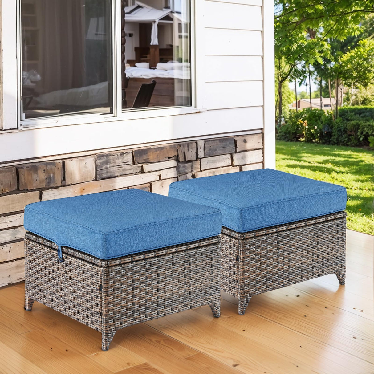 Outdoor Wicker Ottomans Rattan Footrests - Heavy Duty Outside Resin Rattan
