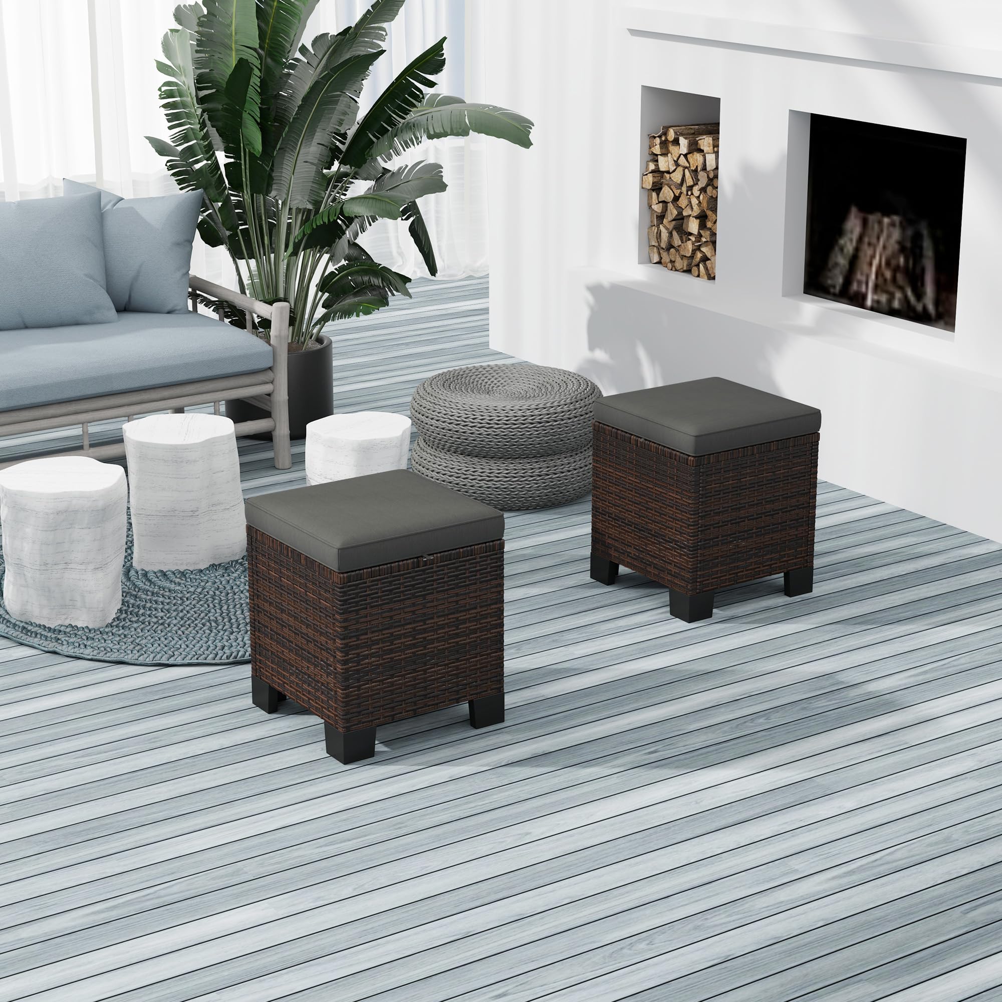 2 Pieces Outdoor Patio Ottomans, All Weather Wicker Outdoor Footstools