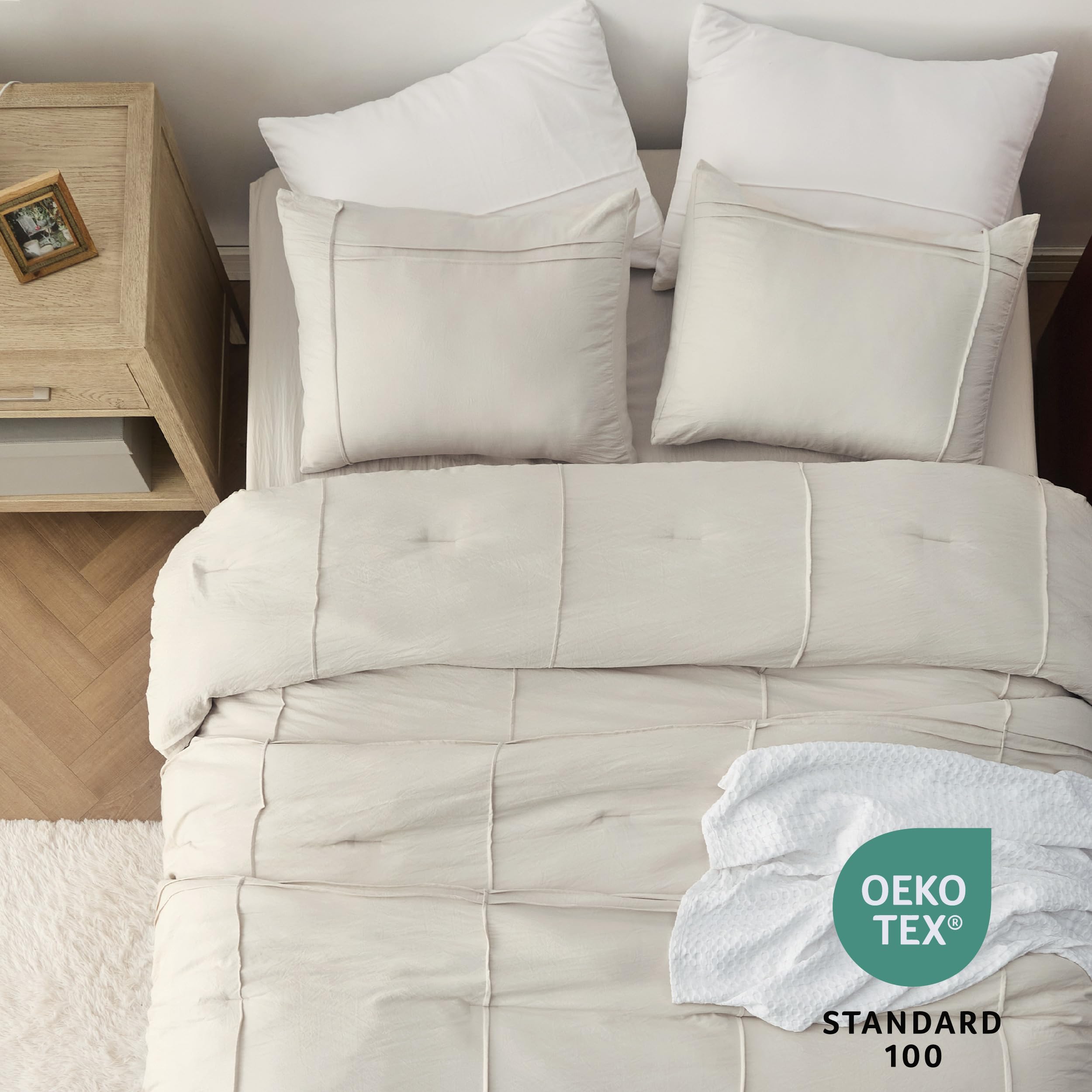 King Comforter Set with Sheet - 4 Pieces Soft Beige Bedding Sets, Grid Pinch Pleat