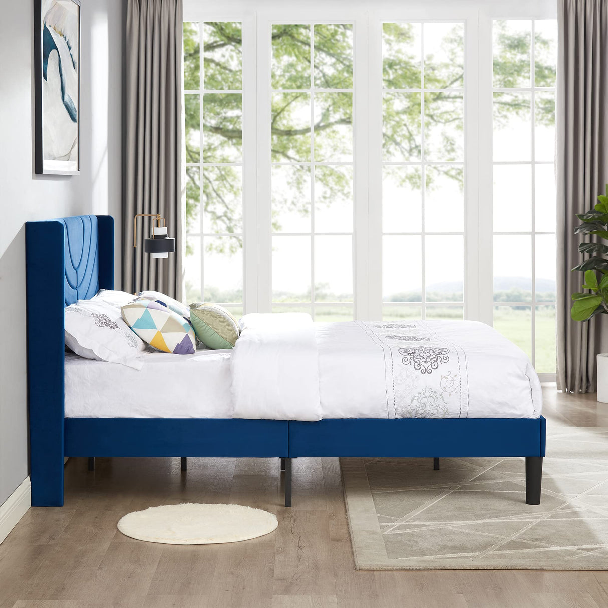 Full Size Upholstered Platform Bed Frame with Wave Fabric Headboard