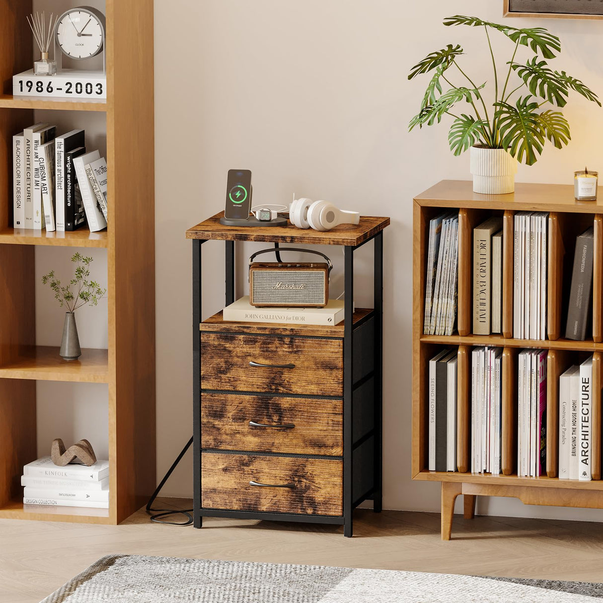 Night Stand with 3 Fabric Drawers, Tall Nightstand