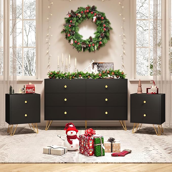 6 Drawer Dresser and Night Stand Sets for Bedroom, Two Drawers Nightstand Set