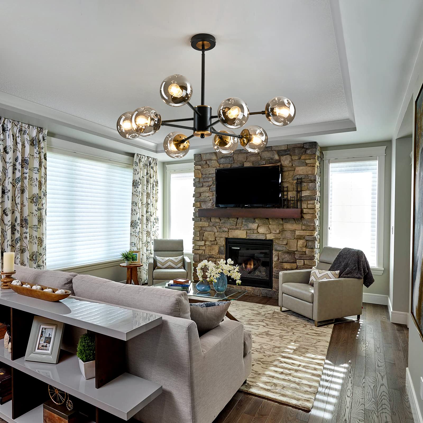 Qgiytp 8-Light Glass Globe Sputnik Chandelier Matte Black and Gold Mid Century Modern Ceiling Light Fixture Adjustable Vintage Hanging Pendant Lighting for Dining Room Kitchen Bedroom Farmhouse