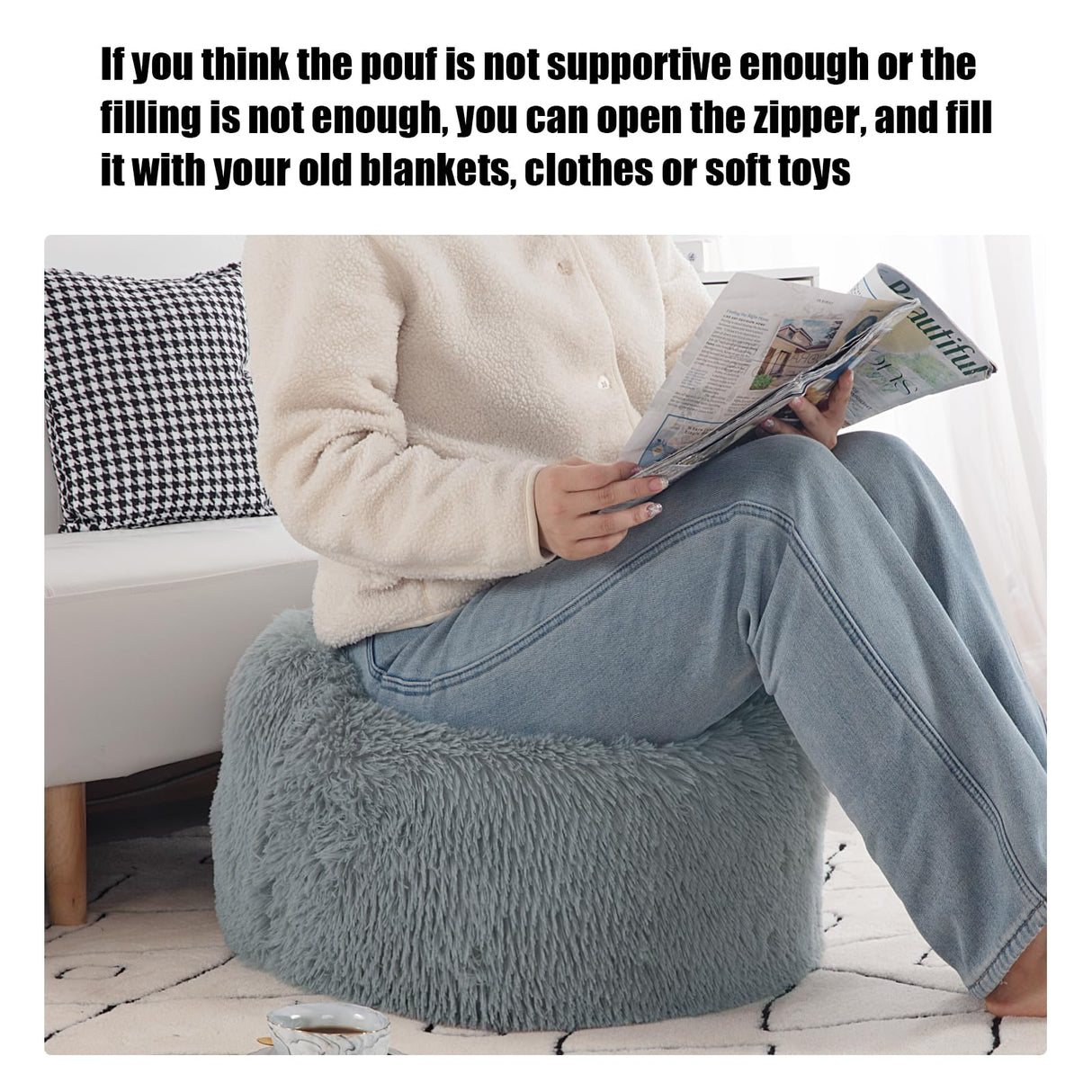 Round Pouf Ottoman Stuffed,Faux Fur Pouf Ottoman