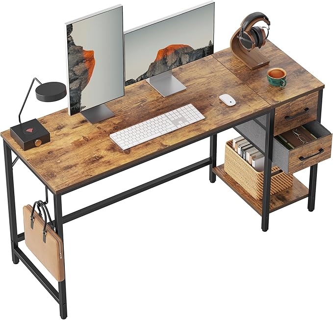 Computer Desk with 2 Drawers, 40 Inch Small Home Office Desk Study Writing Table, Rustic Brown