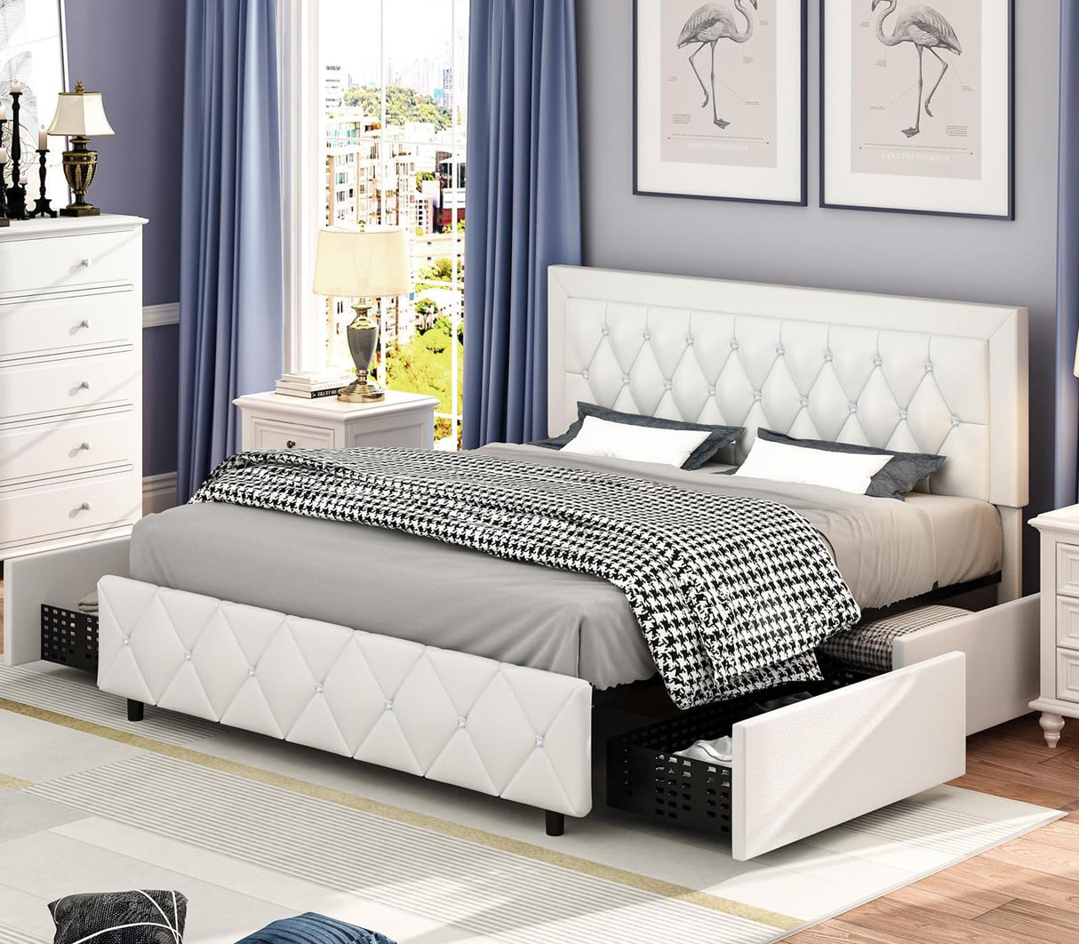 Full Size Bed Frame with 4 Drawers and Diamond Headboard