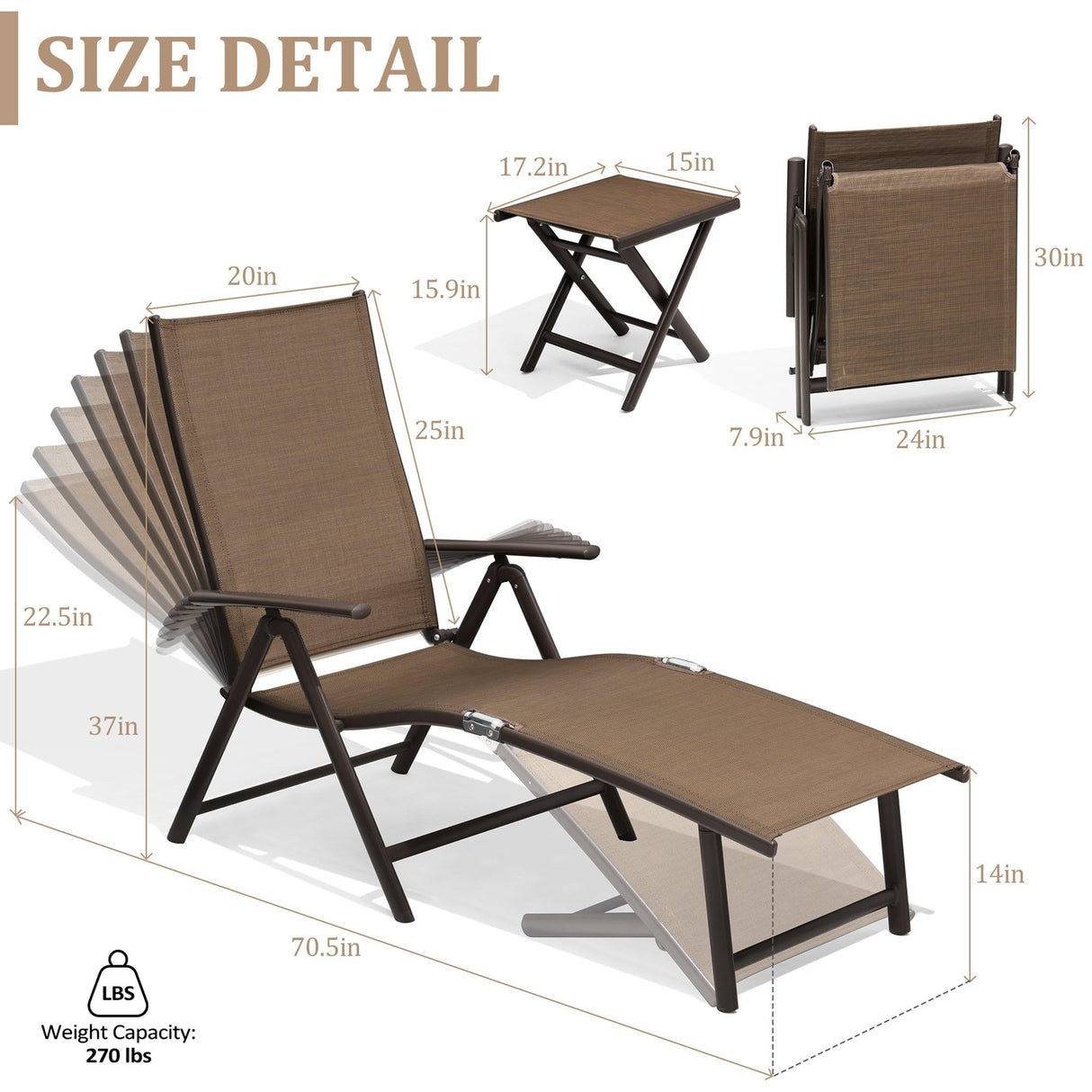 3PCS Outdoor Chaise Lounge & Table Set, Textiline Folding Chaise with Side Table,
