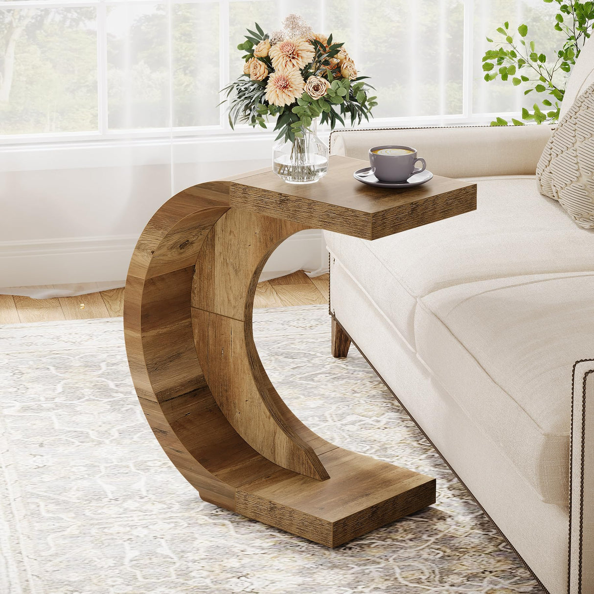 C-Shaped End Table, Wood Side Table for Couch Sofa Living Room Bedroom Small Space