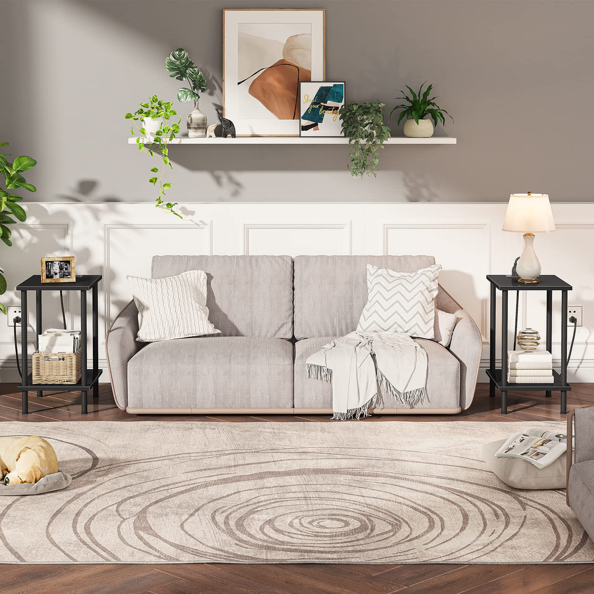 Side Table with Charging Station, End Tables with USB Ports and Outlets, Nightstand with 2