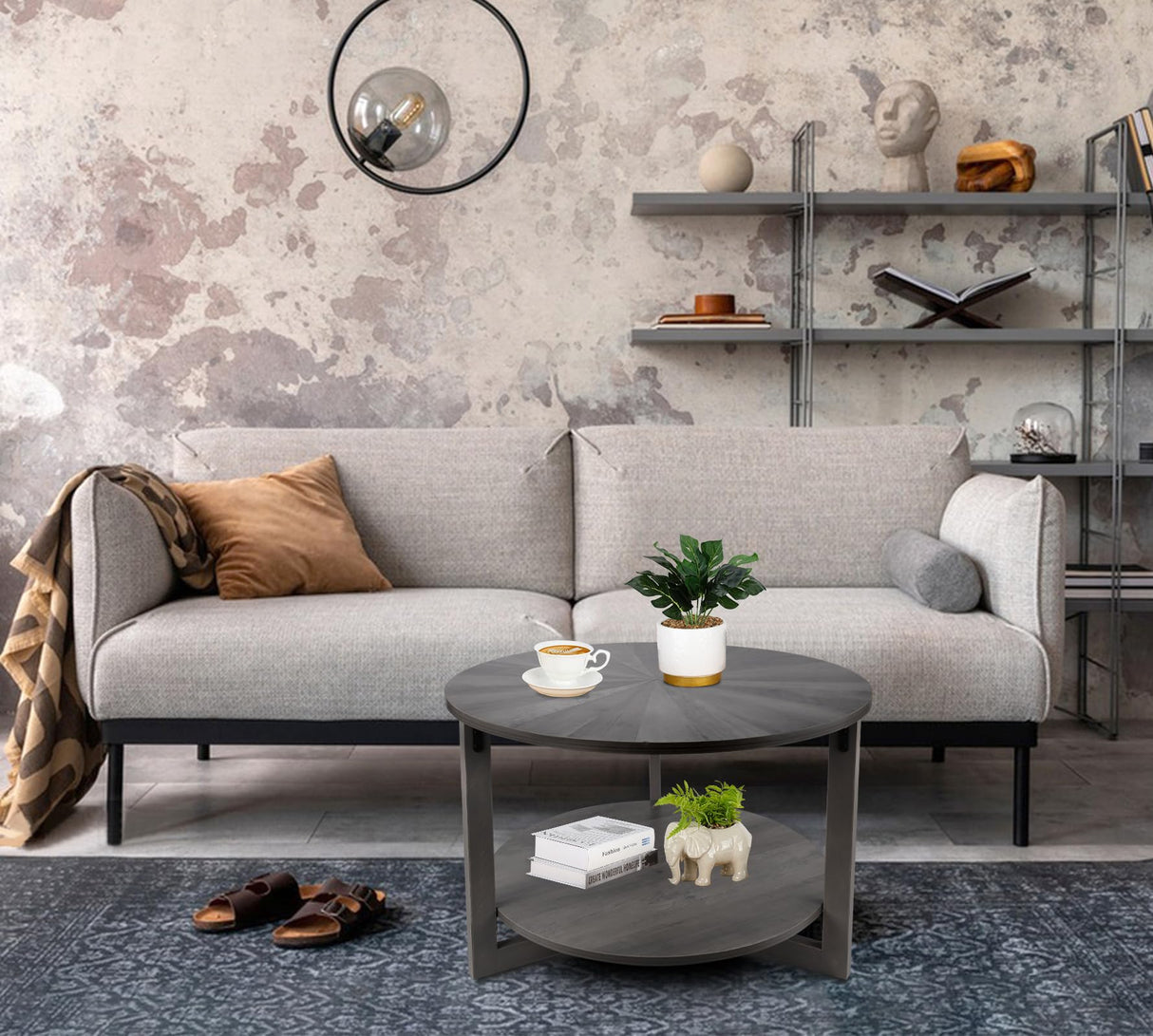 Round Coffee Table with Storage, Mid Century Modern Engineered Wood Coffee Table