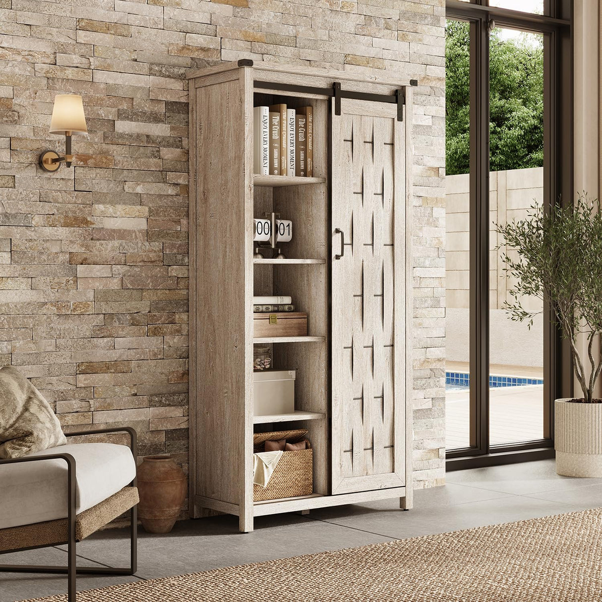 Farmhouse Storage Cabinet, 65" Tall Kitchen Pantry Cabinet with Sliding Barn Door