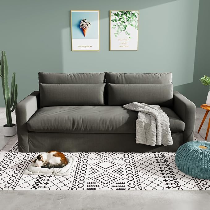 80 Inch Down Sofa Couches for Living Room Linen Fabric 3 Seater Couch