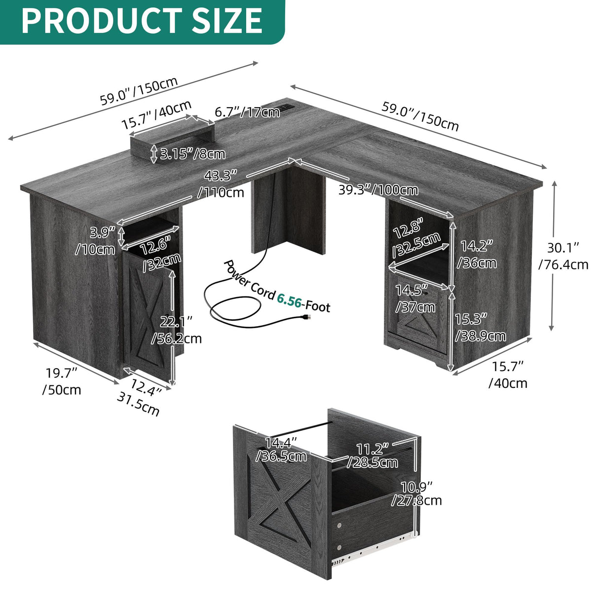 PowerMax 60” L-Shaped Computer Desk with USB & Power Outlets