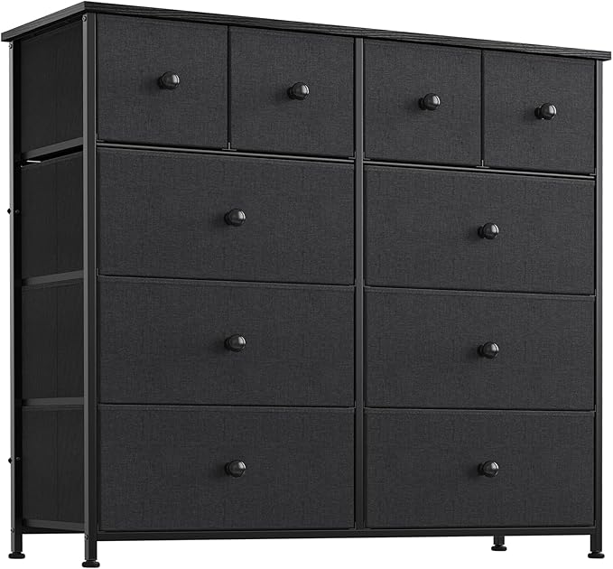 Bedroom with 10 Drawers, Wide Black Dresser with Wood Top