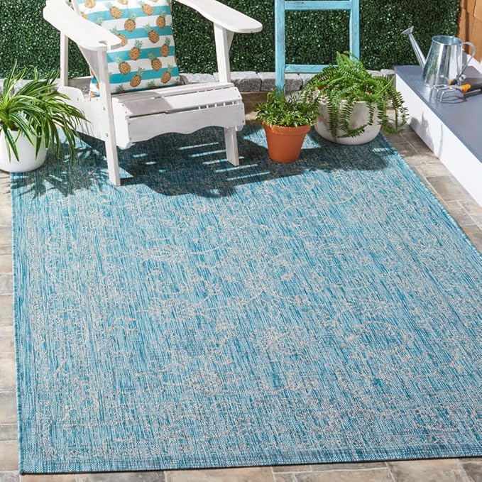 Courtyard Collection 5'3" x 7'7" Black/Ivory CY8680 Indoor-Outdoor Waterproof Easy-Cleaning Patio Backyard Mudroom Area-Rug