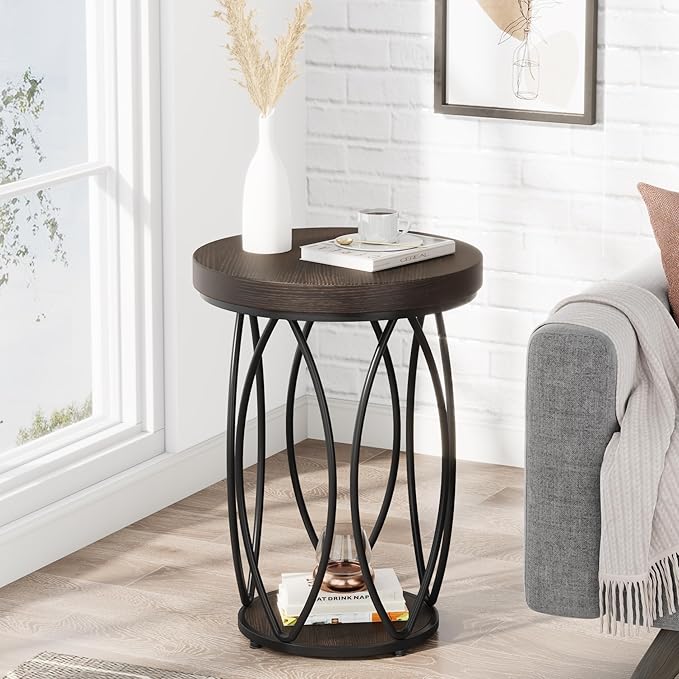 Round Side Table, Small End Table with Storage Shelf