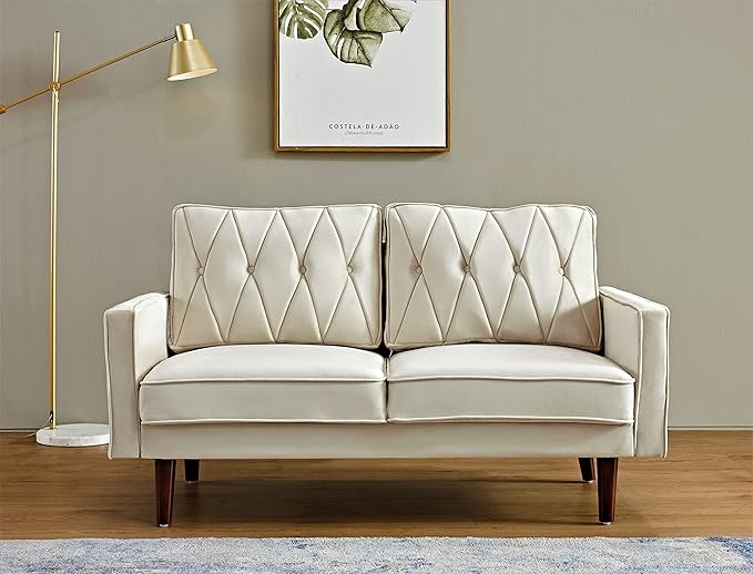Furniture Velvet Loveseat, Button Tufted and Soft Fabric Upholstered Mid Century Modern Couch for Living Room