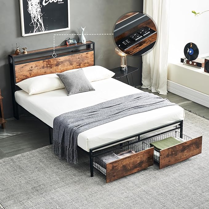 King Size Bed Frame with Charging Station, Platform Bed Frame