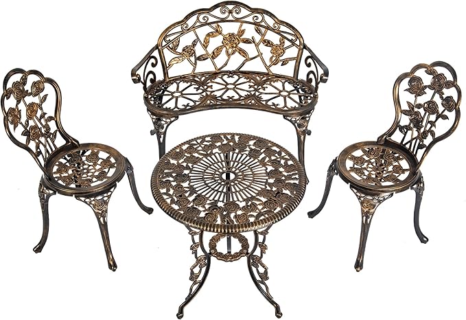 Cast Aluminum Bistro Set of 4, Patio Rose Table and Chair Set with Umbrella Hole
