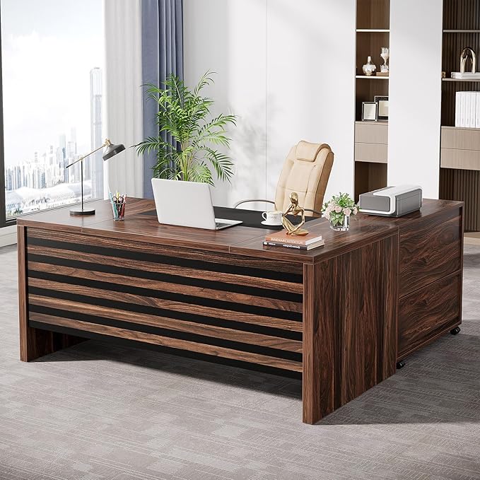 62.2" Executive Desk with Mobile File Cabinet, L-Shaped Office Desk with Storage Shelves