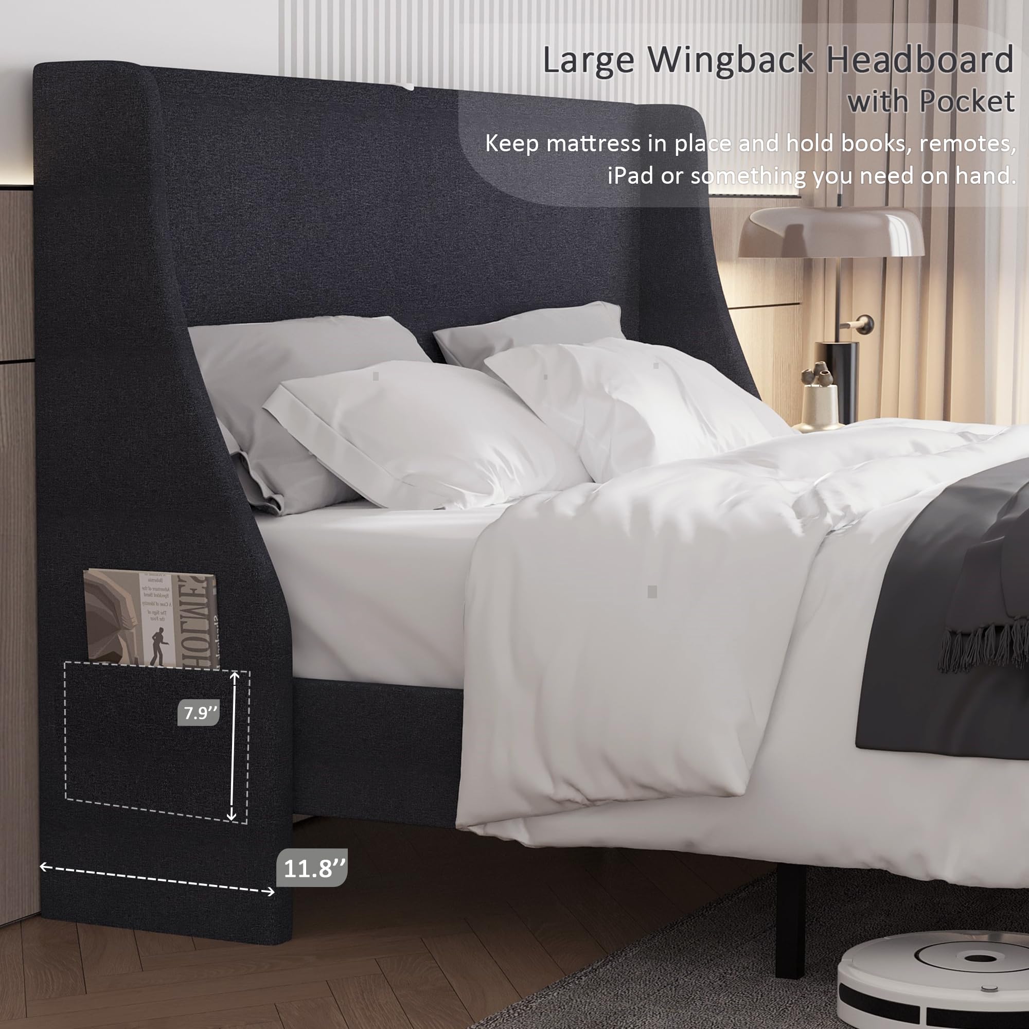 Queen Bed Frame with Type-C & USB Port, Wingback Headboard, Upholstered Platform